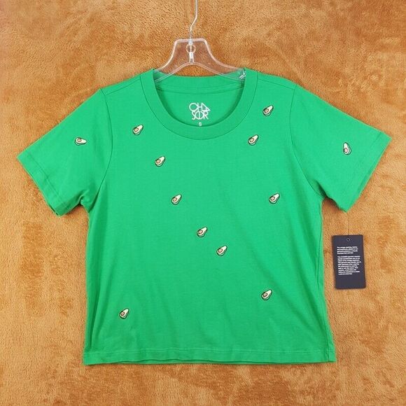 CHASER Womens Top Small Green Pullover Crew Crop Tee Avocado 100% Cotton - Picture 1 of 8